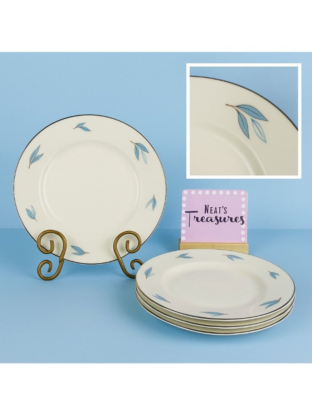 MCM Syracuse China CELESTE Blue Leaves White Platinum Trim Salad Plates Set 4